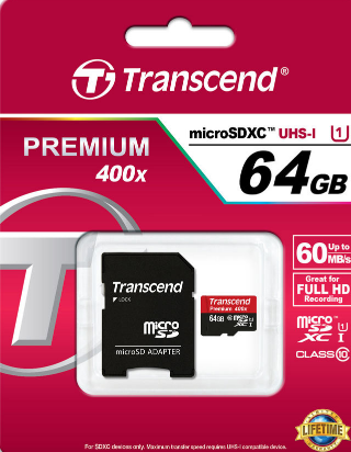   micro SDXC 64GB TRANSCEND class10  SD UHS-I U1 R / W 90 / 45 MB / s