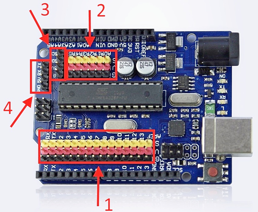 Arduino UNO R3 с серво-коннекторами. Модуль RC066