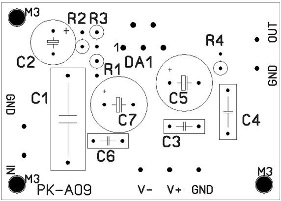 Монтажная схема радиоконструктора NM0109 для сборки оконечного усилителя НЧ мощностью 30 Вт