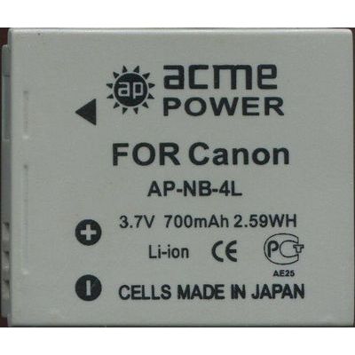  AcmePower NB-4L (3.7V, min. 600mAh, Li-ion)  Canon IXUS 115 HS / 130 / 220 HS / 230 HS / 255 HS / 30 / 40 / 50 / 55 / 60 / 65 / 70 / 75 / 80 IS / 100 IS / ...