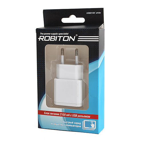 USB адаптер ROBITON USB2100 (100-240V->5V, 2100mA, имульсный, стабилизированный)