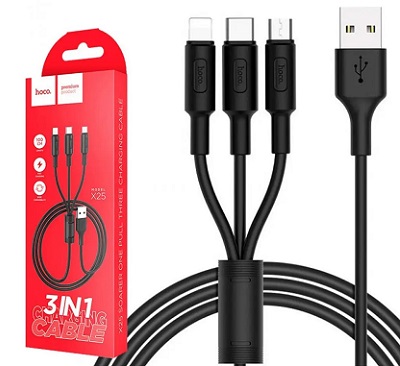 HOCO X25 Black. Кабель 3-в-1: USB -> Lightning+Micro+Type-C . 1 м. 2 А. ЧЁРНЫЙ