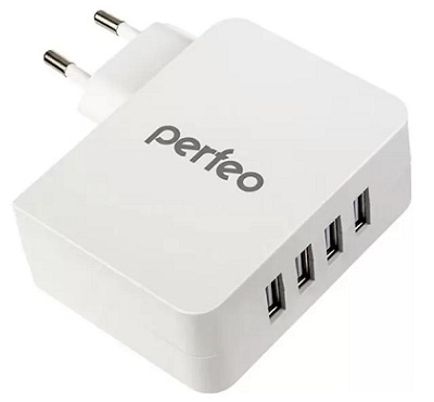 PERFEO «CUBE 4». USB адаптер AC 220 В -> 4USB 4, 9 А. БЕЛЫЙ. PF_A4136