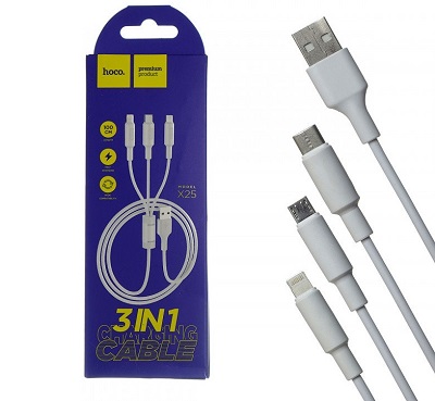 HOCO X25 White. Кабель 3-в-1: USB -> Lightning+Micro+Type-C . 1 м. 2 А. БЕЛЫЙ