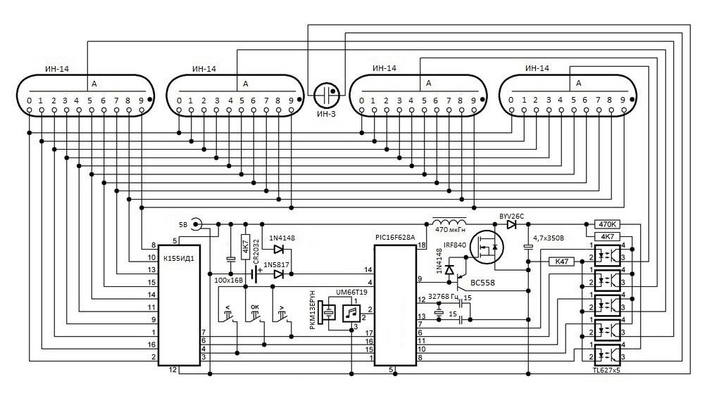 Принципиальная электрическая схема радиоконструктора NM14. Ретро часов на ламповых индикаторах