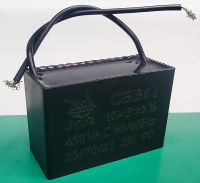 Пусковой конденсатор CBB61 15mF - 450 VAC /±5% МБГЧ 58х39х26/ мм с гибкими выводами