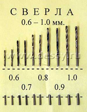 Набор свёрл от 0,6 мм до 1,0 мм 2 шт - 0,6. 2 шт - 0,7. 2 шт - 0,8. 2 шт - 0,9. 2 шт - 1,0 мм