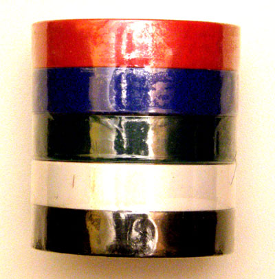 Набор цветных изолент ПВХ 0.13 / 15 мм / 25 м. 5 цветов: красный, белый, синий, чёрный, зелёный.