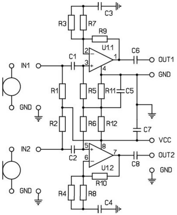 Принципиальная электрическая схема модуля RS123.1M. 
Стереофонического предварительного усилителя НЧ