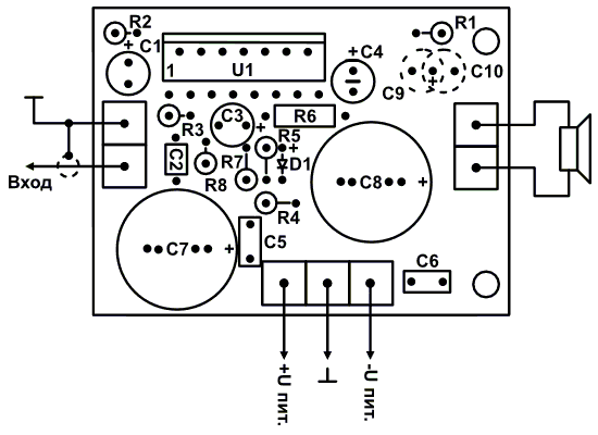 Схема расположения элементов модуля RS207.1M. Одноканального УНЧ 140 Вт на TDA7293