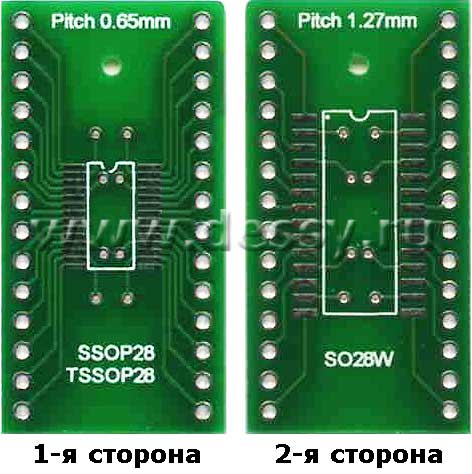 Плата печатная макетная двусторонняя для установки микросхем в корпусах: SSOP28, TSSOP28, SO28W