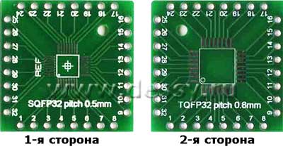 Плата печатная макетная двусторонняя для установки микросхем в корпусах: SQFP32 и TQFP32