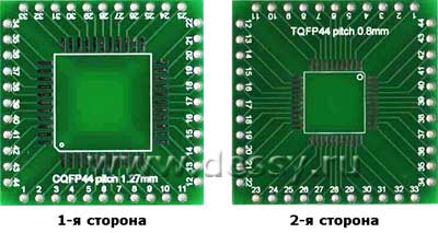 Плата печатная макетная двусторонняя для установки микросхем в корпусах: СQFP44 и TQFP44