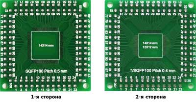 Плата печатная макетная двусторонняя для установки микросхем в корпусах: SQFP100 и TSQFP100